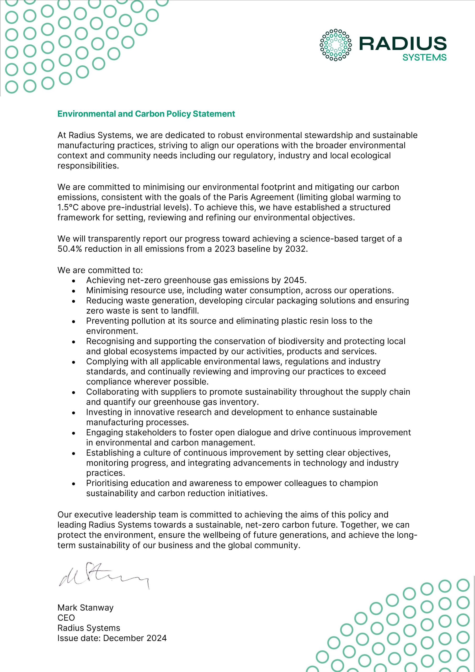 Environment and Carbon Policy Statement, December 2024 She Policy